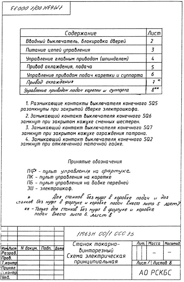Схема електрична токарно-гвинторізного верстата 1М63н